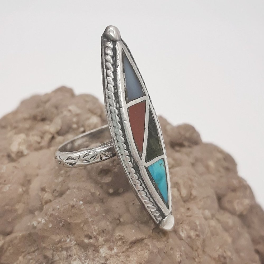 Southwestern Turquoise Signed Silver Shield Ring 4 - Picture 3 of 6